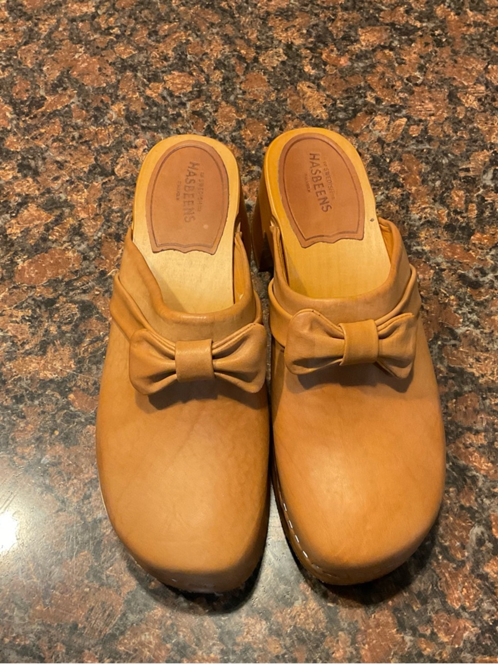 Swedish Hasbeens Tan Leather Bow Clog Mules